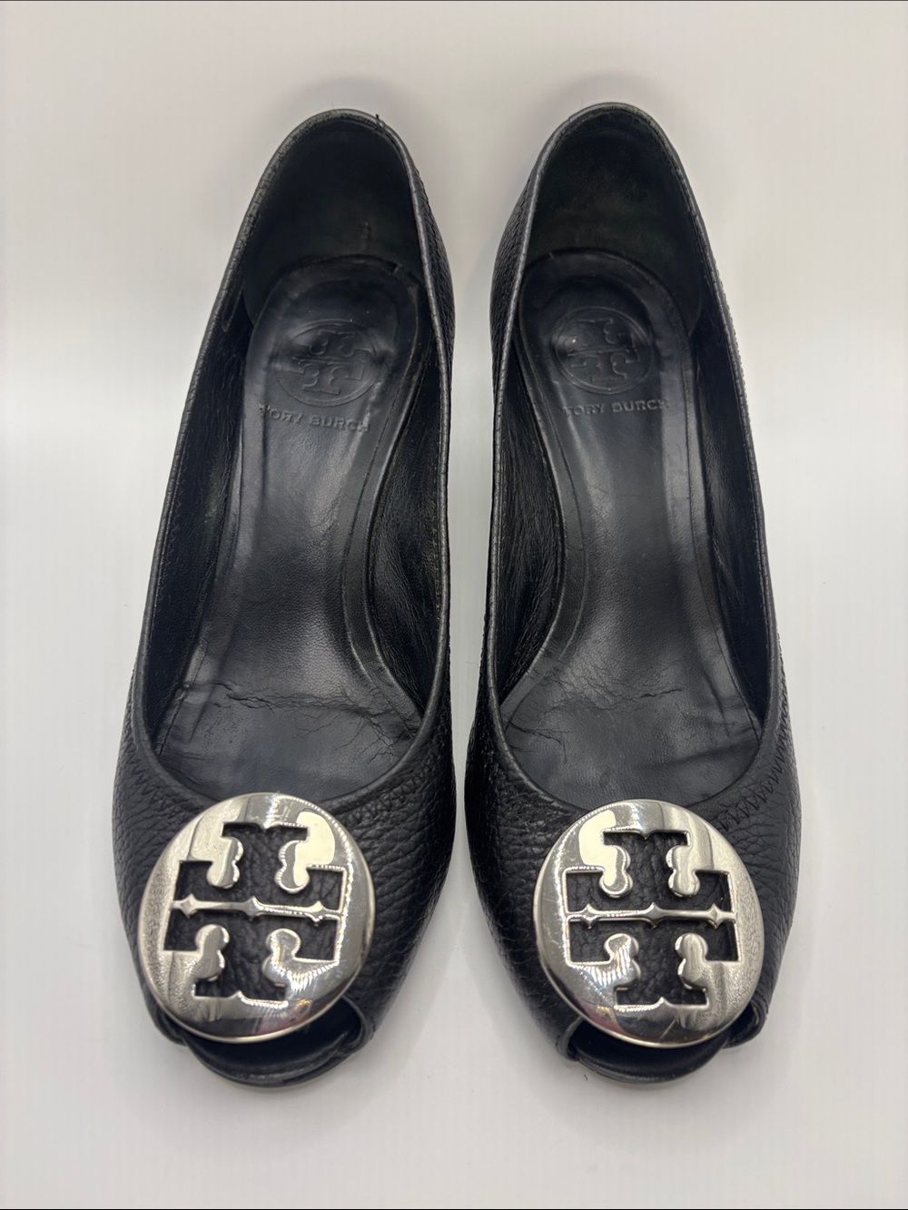 Tory Burch Black Leather Wedge Peep-Toe Flats with Silver Logo